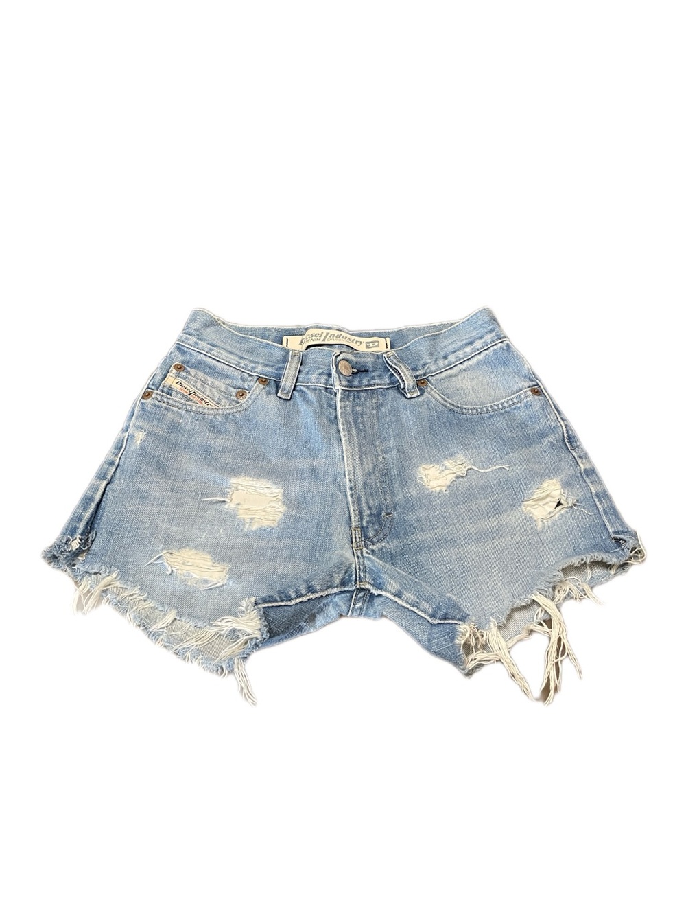 Vintage Diesel denim shorts, distressed and ripped blue jeans, high-waisted